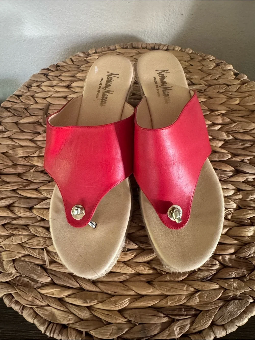 Neiman Marcus Red Leather Espadrille Thong Sandals - Women's